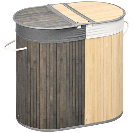 Coș de rufe din bambus, 100 l, compartimente duble, gri/natur