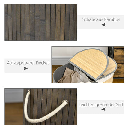 Coș de rufe din bambus, 100 l, compartimente duble, gri/natur