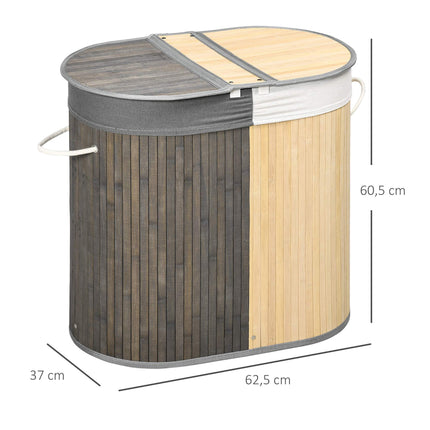 Coș de rufe din bambus, 100 l, compartimente duble, gri/natur
