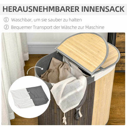 Coș de rufe din bambus, 100 l, compartimente duble, gri/natur