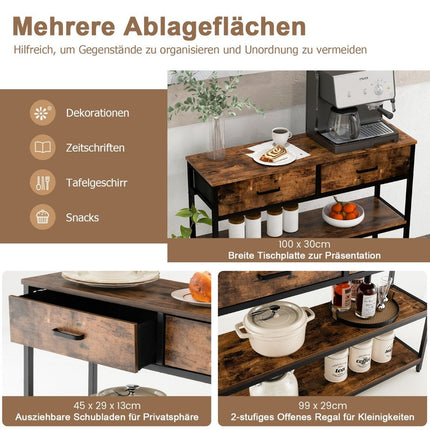 Consolă de 100 cm cu 2 sertare din material textil Masă laterală cu 3 niveluri, maro rustic