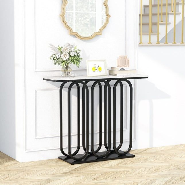 100cm Faux Marble Console Table with Adjustable Foot Pads & Metal Frame & Anti-tip Sets