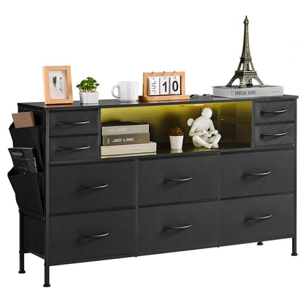 10-Drawer Fabric Dresser with LED Lights and Outlet, Black