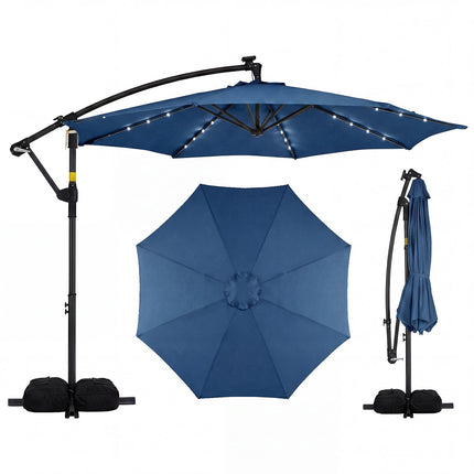Umbrelă de terasă cu LED-uri solare, 3 m, cu manivelă, bleumarin