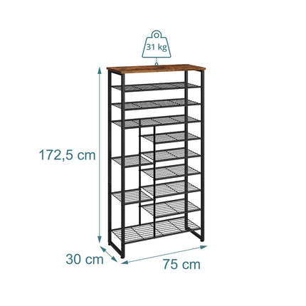 Suport pentru pantofi cu 10 niveluri din metal și MDF, maro, economisește spațiu