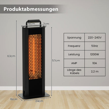 Încălzitor de sine stătător de 1200 W cu protecție împotriva răsturnării și supraîncălzirii, încălzitor electric din aluminiu, încălzitor de terasă, rezistent la apă