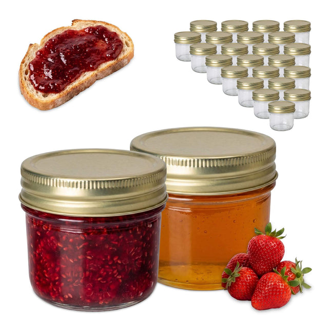 Set borcane de sticlă pentru gem, 120 ml, capace aurii cu închidere prin răsucire