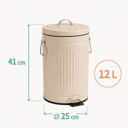 Coș de gunoi retro bej cu pedală, 12 l, cu capac cu închidere silențioasă