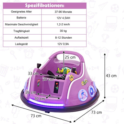 Mașinuță de protecție pentru copii de 12V, rotire la 360 de grade, muzică și telecomandă, violet