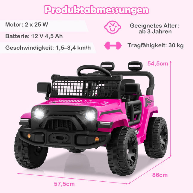 Mașină electrică pentru copii 12V cu telecomandă, muzică, lumini LED, roz