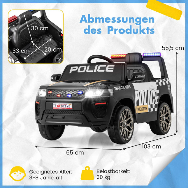 Mașină de poliție pentru copii de 12V cu telecomandă, sirenă și lumini LED