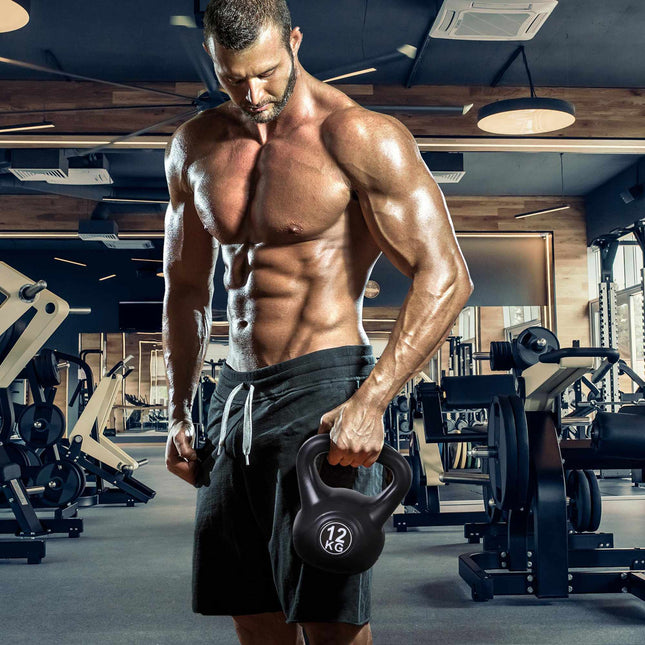 Kettlebell umplut cu nisip, 12 kg, negru, plastic, potrivit pentru începători