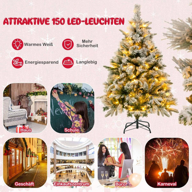 Pom de Crăciun artificial de 136 cm cu zăpadă și 150 de lumini LED alb cald, verde