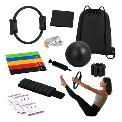Set Pilates negru cu 13 piese, benzi elastice și greutăți