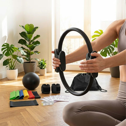 Set Pilates negru cu 13 piese, benzi elastice și greutăți
