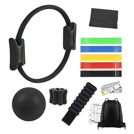 Set Pilates negru cu 13 piese, benzi elastice și greutăți