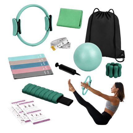 Set Pilates verde cu 13 piese, inel, minge, benzi elastice, greutăți