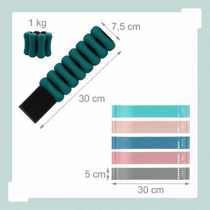 Set Pilates verde cu 13 piese, inel, minge, benzi elastice, greutăți