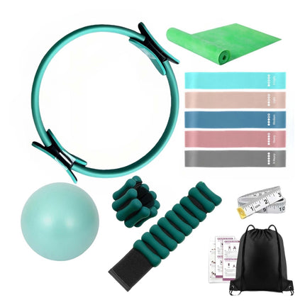 Set Pilates verde cu 13 piese, inel, minge, benzi elastice, greutăți