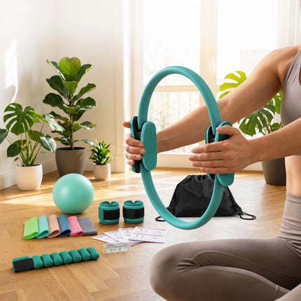 Set Pilates verde cu 13 piese, inel, minge, benzi elastice, greutăți
