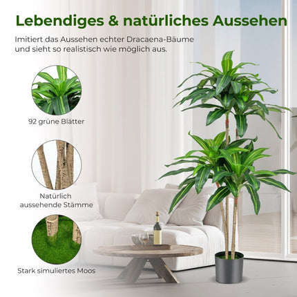 140 cm Plantă artificială Dracena cu ghiveci și 92 de frunze Plantă artificială Arbore artificială verde palmier