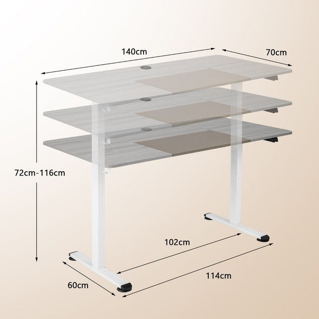 140 x 70 cm Birou reglabil electric pe înălțime cu mecanism de oprire și cârlig gri