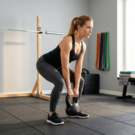 Kettlebell negru de 14 kg cu umplutură de nisip pentru începători
