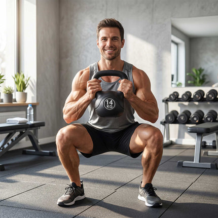 Kettlebell negru de 14 kg cu umplutură de nisip pentru începători
