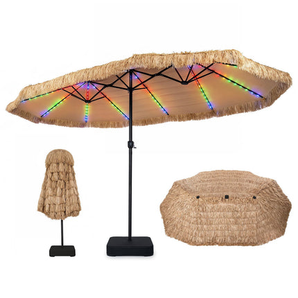Umbrelă de terasă cu două fețe, 15 x 9 ft, cu lumini și bază