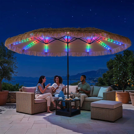 Umbrelă de terasă cu două fețe, 15 x 9 ft, cu lumini și bază