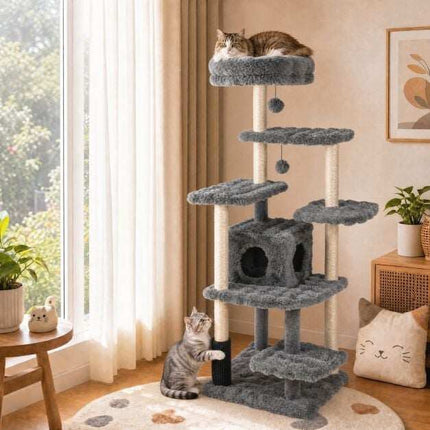 Arbore pentru pisici gri, 170 cm, cu stâlpi din sisal și peșteră
