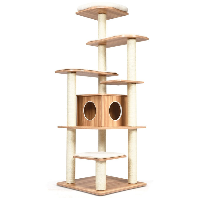 175cm cat tree 6-tier cat scratching post wooden scratching post playhouse with cave and 5 mats