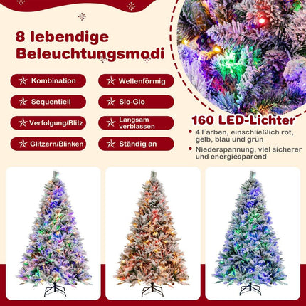 Pom de Crăciun artificial de 180 cm cu zăpadă, 8 moduri de lumină