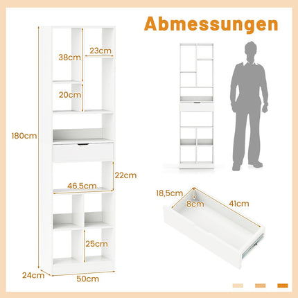 180cm White Bookshelf with Drawer and 10 Open Shelves