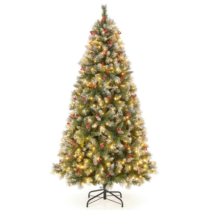 Pom de Crăciun artificial de 195 cm cu lumini și zăpadă, conuri de pin și fructe de pădure roșii