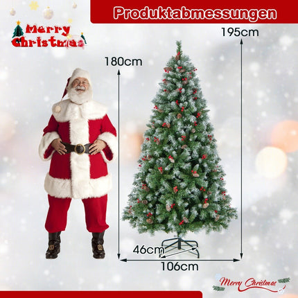 Pom de Crăciun artificial de 195 cm cu lumini și zăpadă, conuri de pin și fructe de pădure roșii