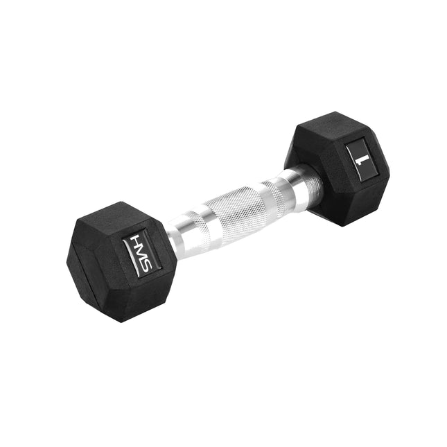 Ganteră hexagonală din cauciuc de 1 kg, mâner zimțat