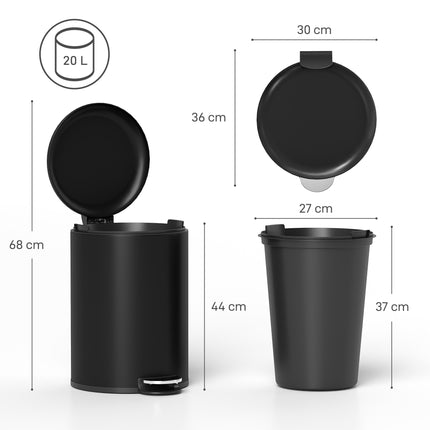 Coș de gunoi cu pedală de 20 l, capac cu închidere silențioasă, metal negru
