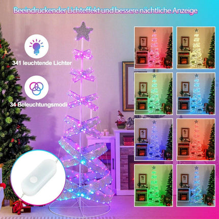 Brad de Crăciun în spirală cu LED-uri de 210 cm din metal poliester cu 341 LED-uri și 34 moduri de iluminare și stea