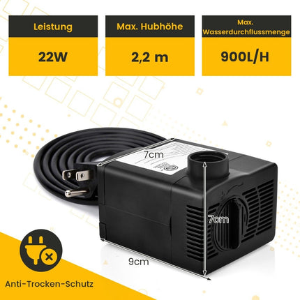 22 W mini aquarium pump with 2.2 m high stroke & 1.83 m power cable & 3 nozzles water pump 900 L/h