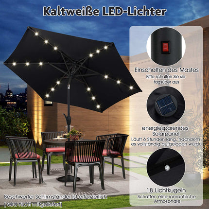 Umbrelă de terasă neagră de 230 cm cu lumini solare LED