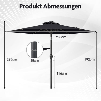 Umbrelă de terasă neagră de 230 cm cu lumini solare LED
