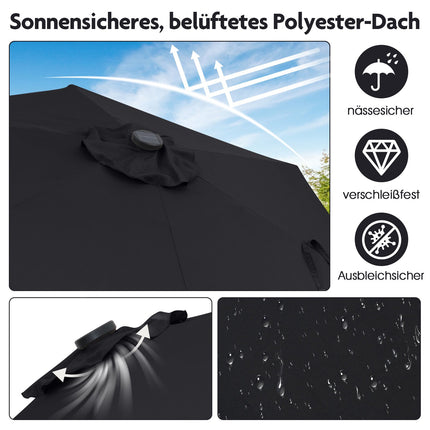 Umbrelă de terasă neagră de 230 cm cu lumini solare LED