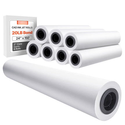 24 In x 150 Ft CAD Plotter Paper Rolls, 8 Pack, 80 GSM