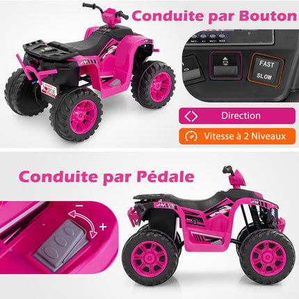 Quad-rolă electrică pentru copii de 24V, cu 2 viteze, muzică wireless, roz