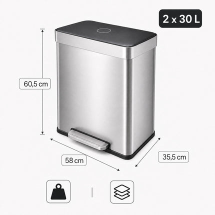 2-Compartment Pedal Bin 2 x 30 l with Soft-Close Lid, Silver, 15 Bin Liners