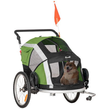 Remorcă pentru câini 2-în-1 Remorcă pliabilă pentru bicicletă pentru animale de companie și cărucior pentru câini, pânză Oxford, verde+argintiu, 150X82X108Cm