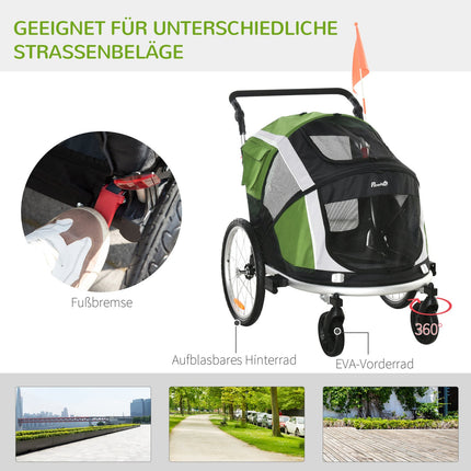 Remorcă pentru câini 2-în-1 Remorcă pliabilă pentru bicicletă pentru animale de companie și cărucior pentru câini, pânză Oxford, verde+argintiu, 150X82X108Cm