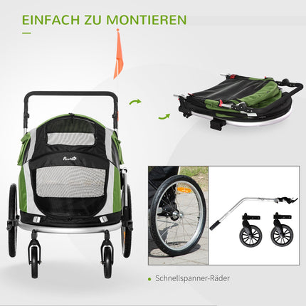Remorcă pentru câini 2-în-1 Remorcă pliabilă pentru bicicletă pentru animale de companie și cărucior pentru câini, pânză Oxford, verde+argintiu, 150X82X108Cm