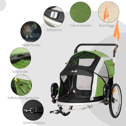 Remorcă pentru câini 2-în-1 Remorcă pliabilă pentru bicicletă pentru animale de companie și cărucior pentru câini, pânză Oxford, verde+argintiu, 150X82X108Cm